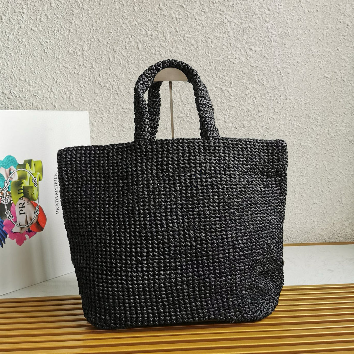crochet tote bag 40cm black raffia