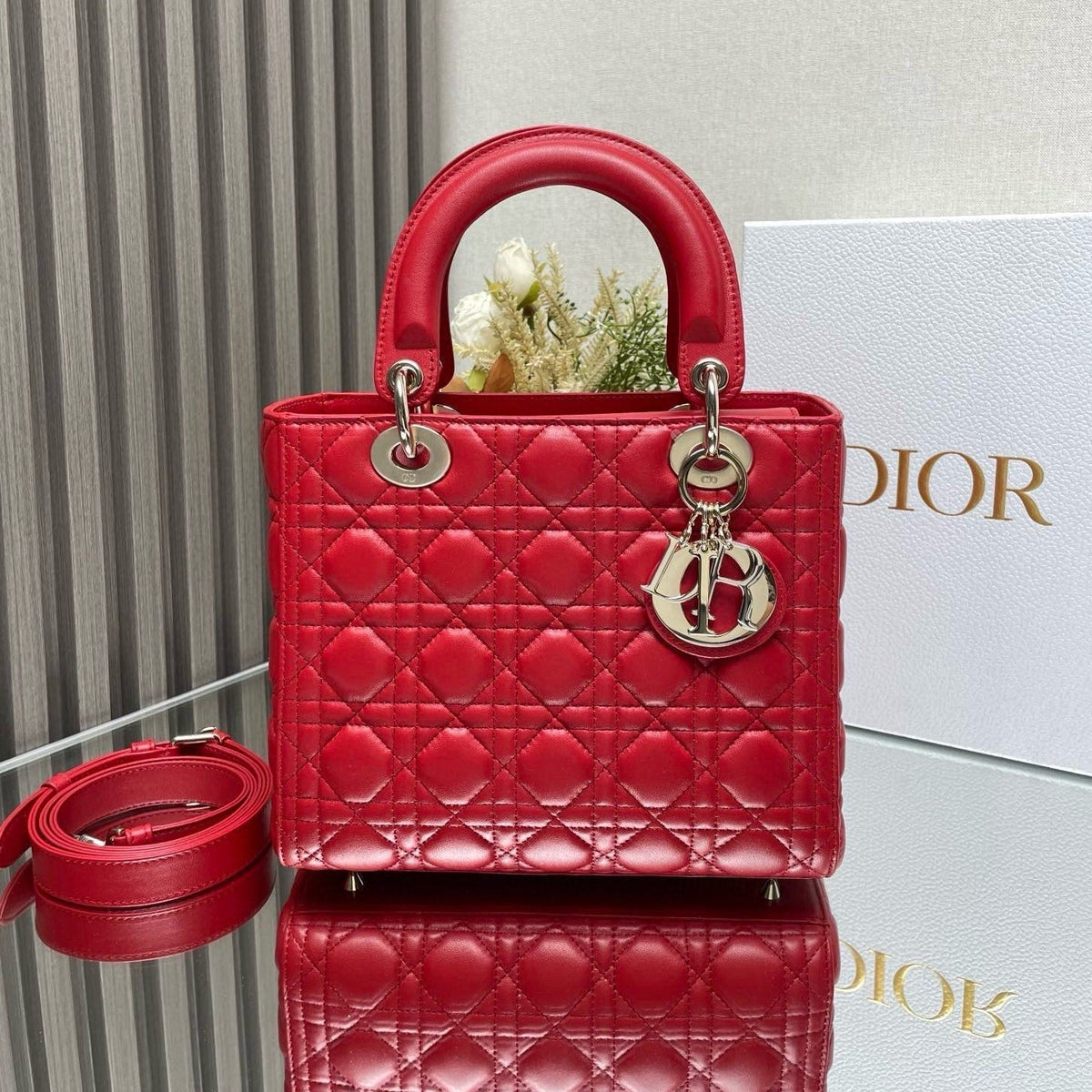 medium lady 24 red calfskin gold hardware