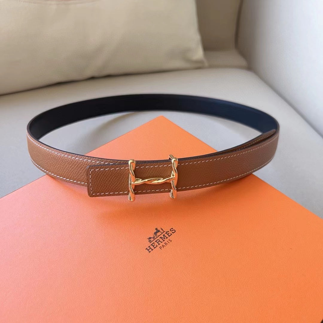 HM BELT 24MM GOLD BUCKLE BROWN EPSOM LEATHER