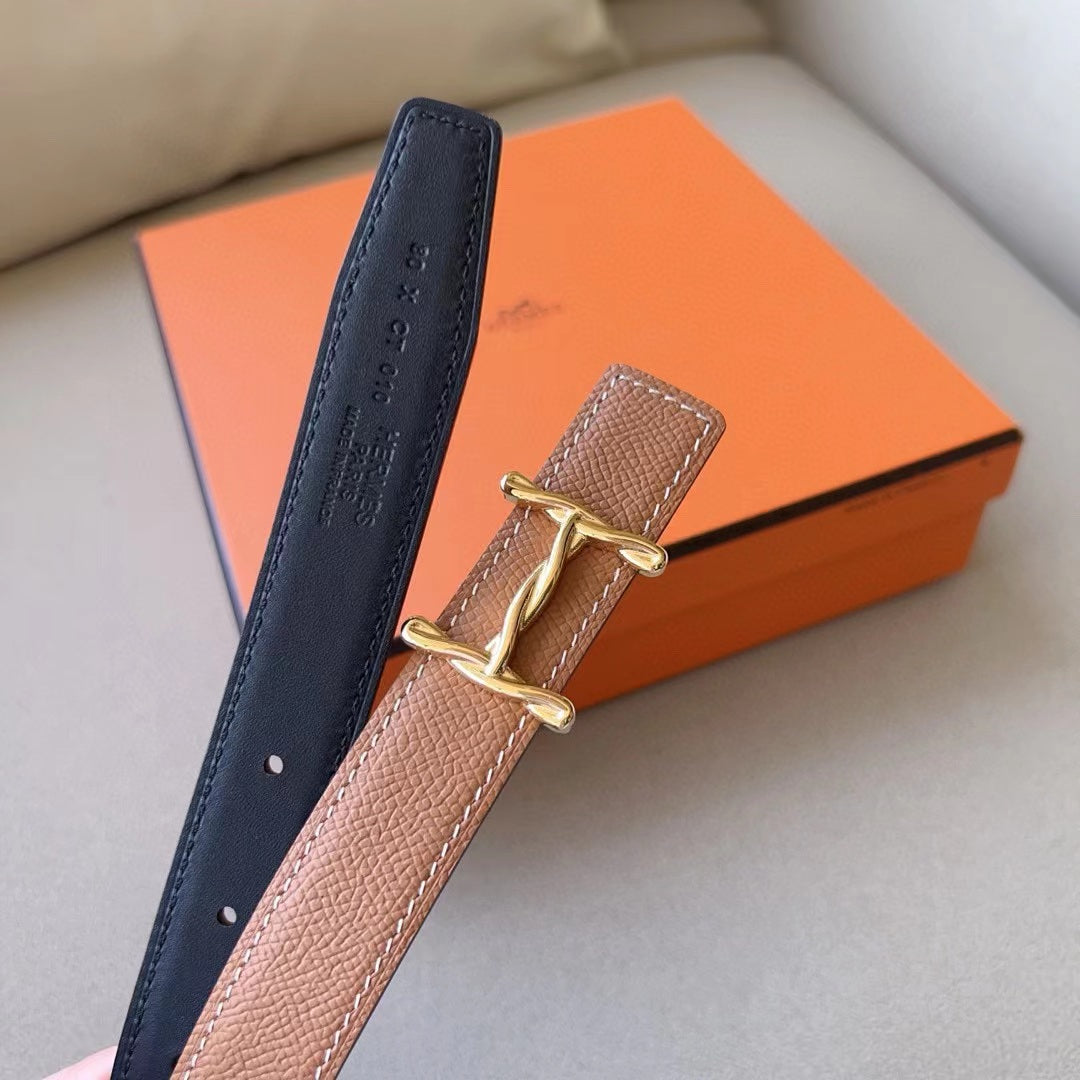 HM BELT 24MM GOLD BUCKLE BROWN EPSOM LEATHER