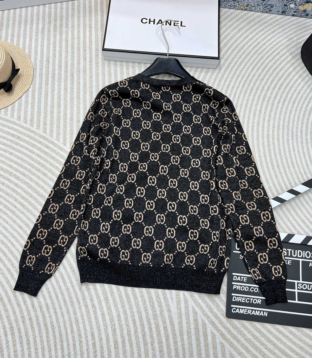 GG V-Neck Long Sleeve Cardigan Black Beige Monogram