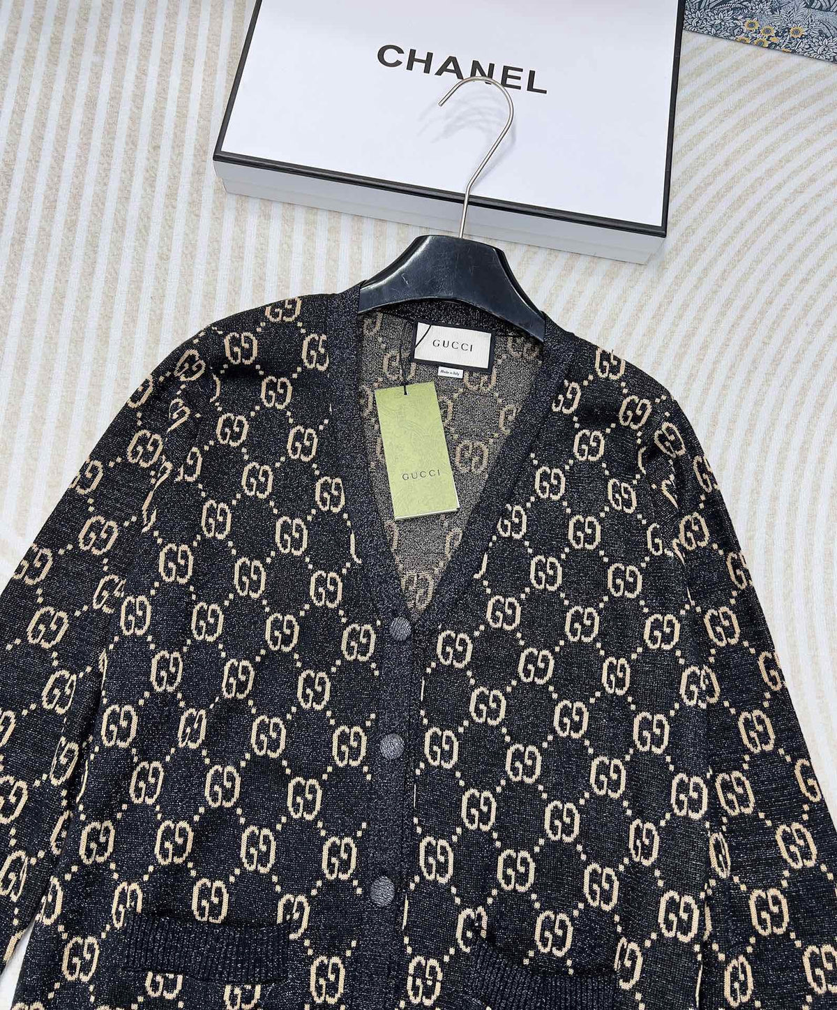 GG V-Neck Long Sleeve Cardigan Black Beige Monogram