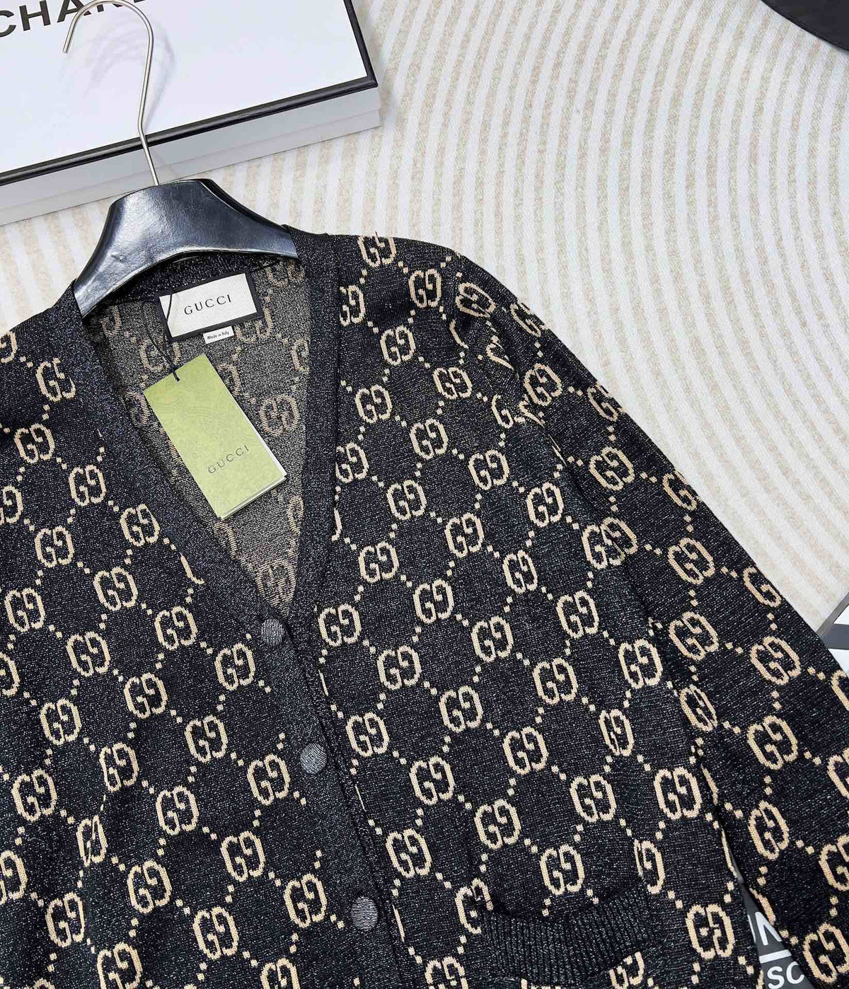 GG V-Neck Long Sleeve Cardigan Black Beige Monogram