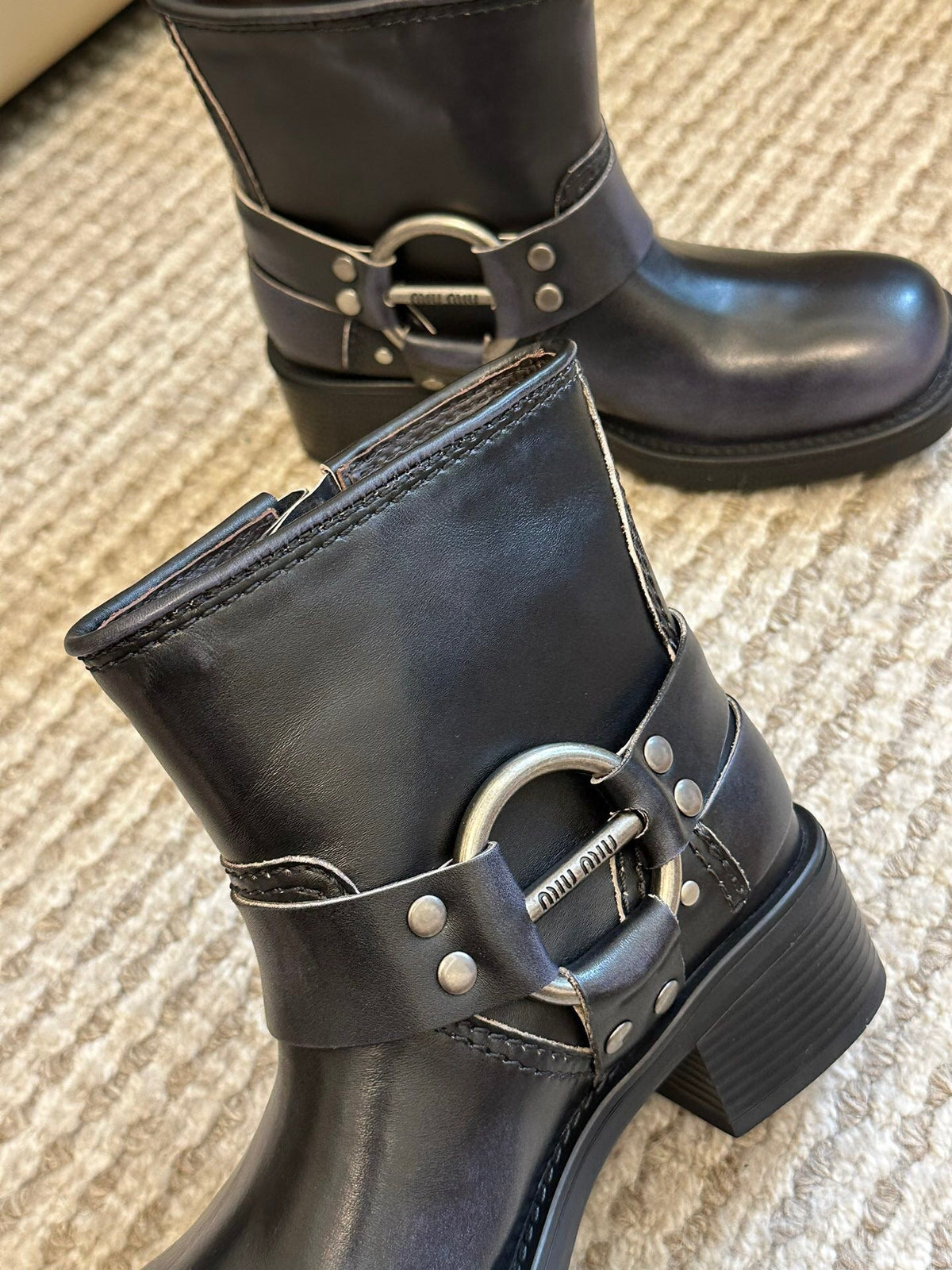 Miu Vintage-Look Black Calfskin Booties