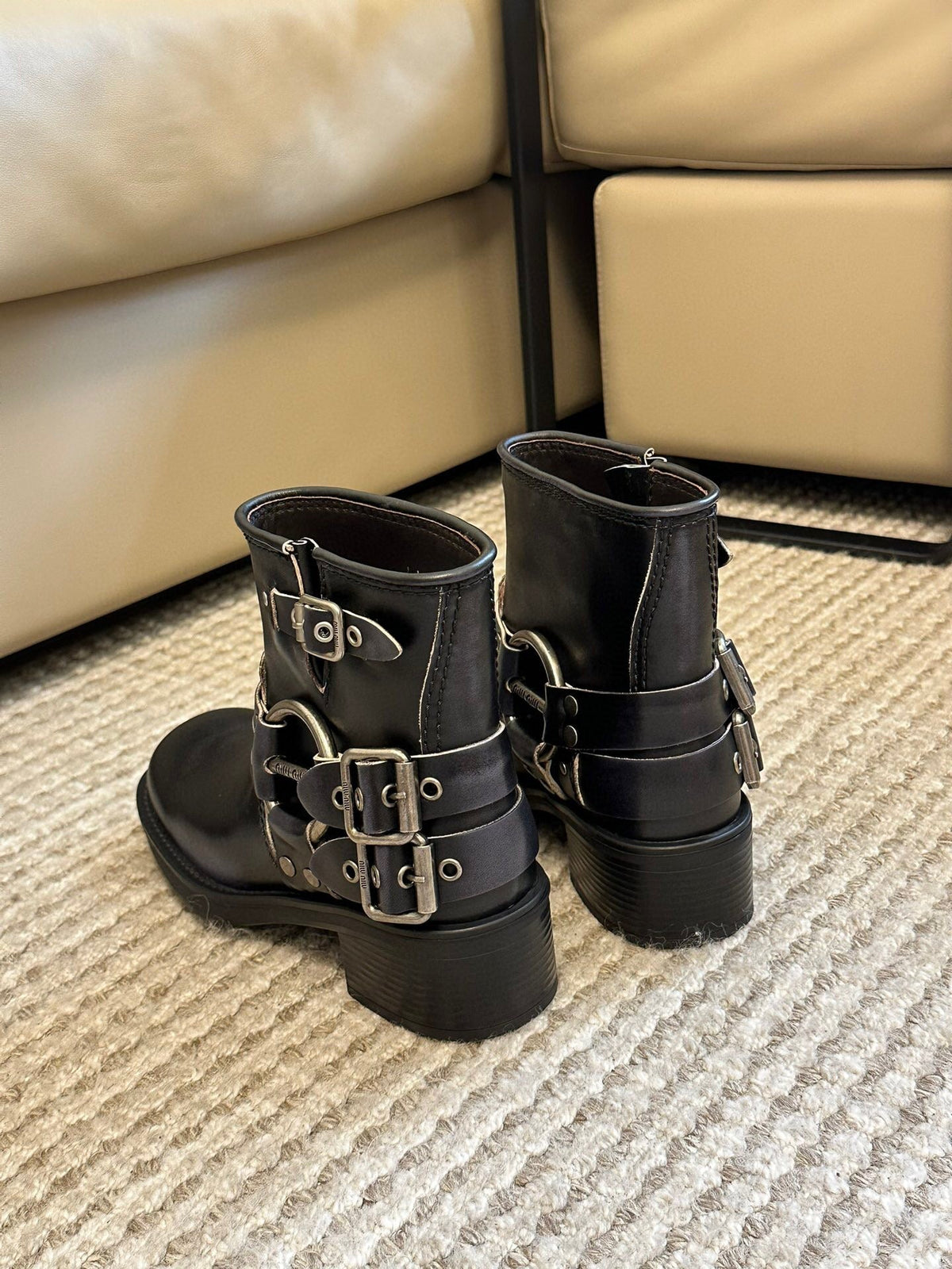 Miu Vintage-Look Black Calfskin Booties