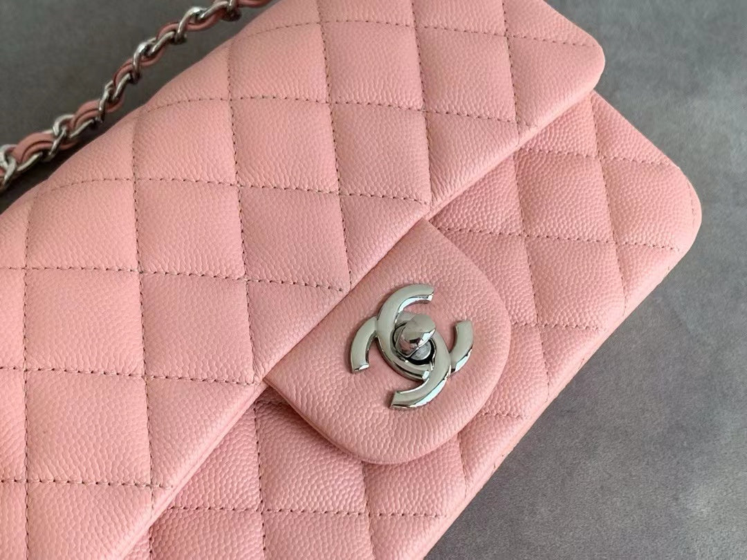 Flap Bag Mini 20cm Pink Caviar Leather Silver Hardware