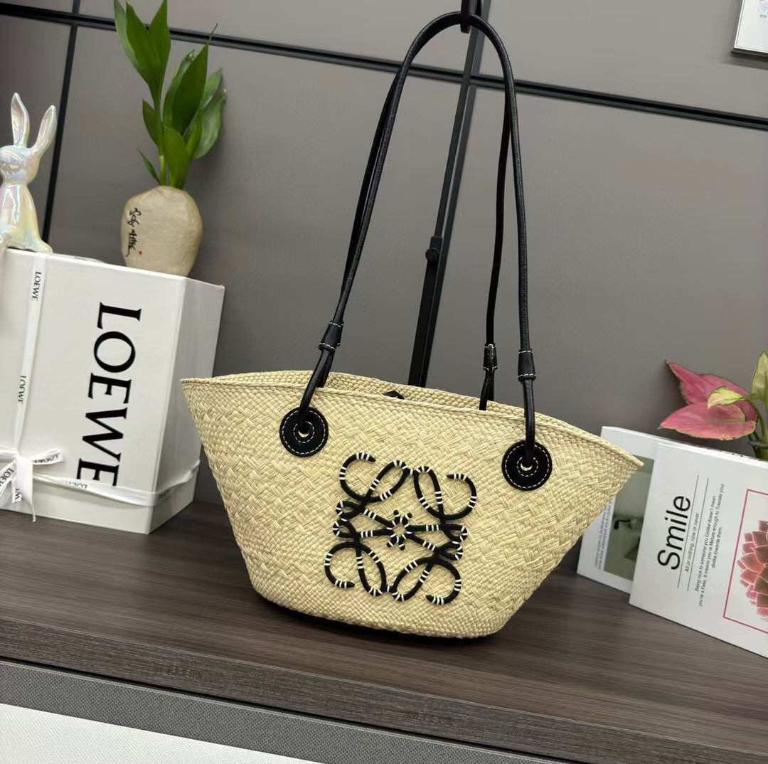 Loew Anagram Basket 34cm Beige Raffia Black Calfskin