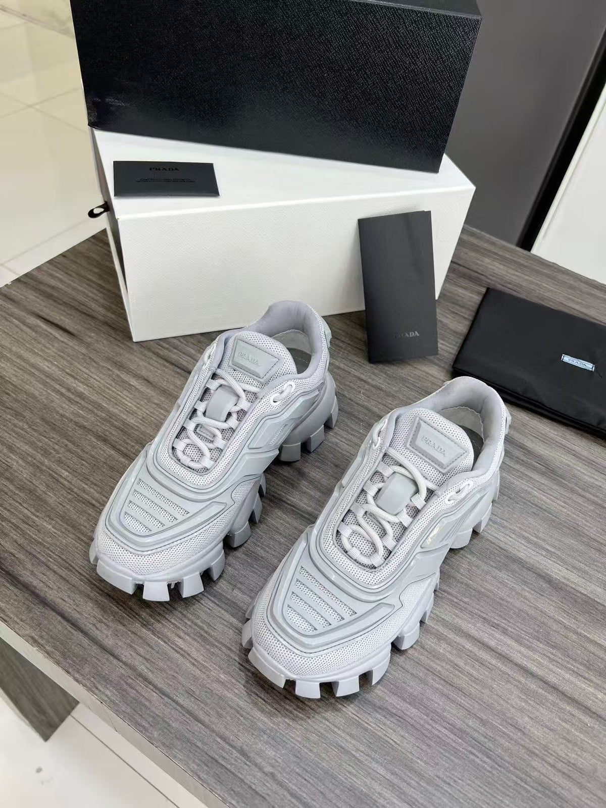Prada Cloudbust Thunder Sneakers White mix Pearl Gray Knit Fabric