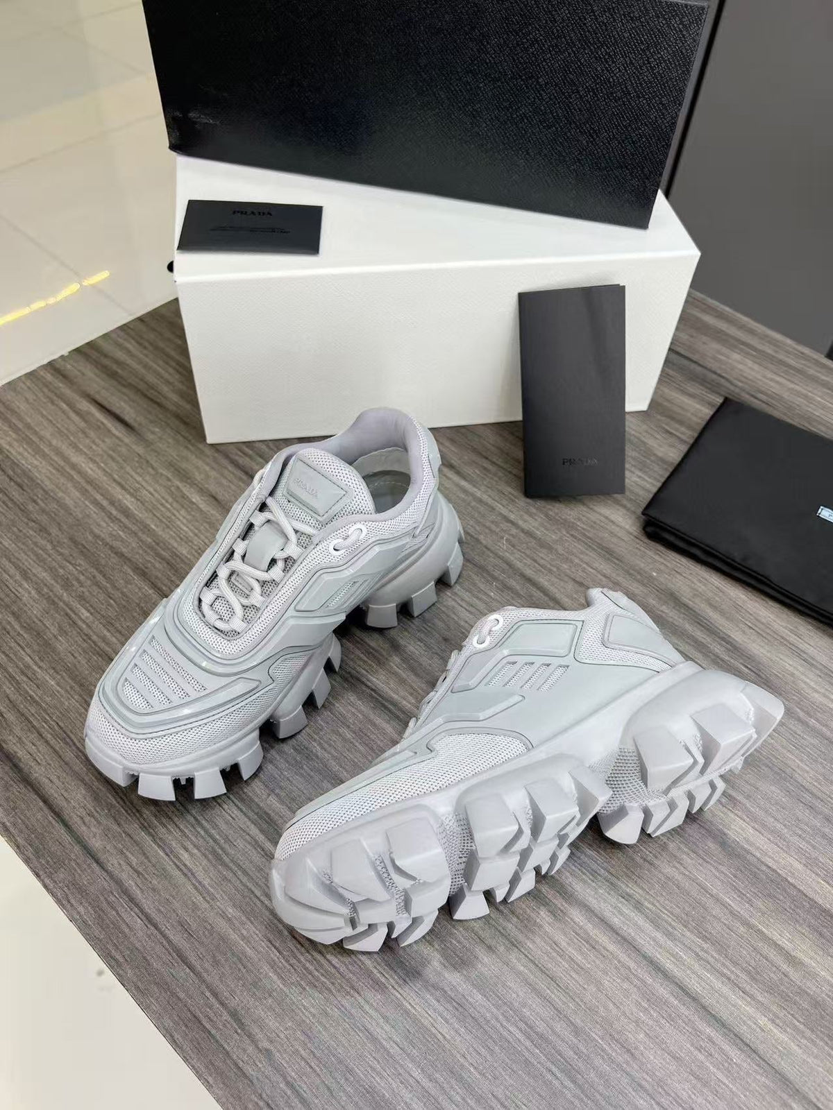 Prada Cloudbust Thunder Sneakers White mix Pearl Gray Knit Fabric