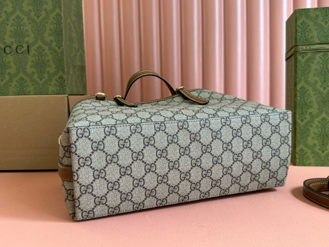 Gucci GG Emblem Small Tote Bag Beige Ebony Leather