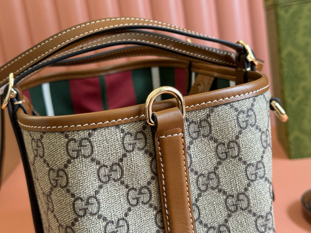 Gucci GG Emblem Small Tote Bag Beige Ebony Leather