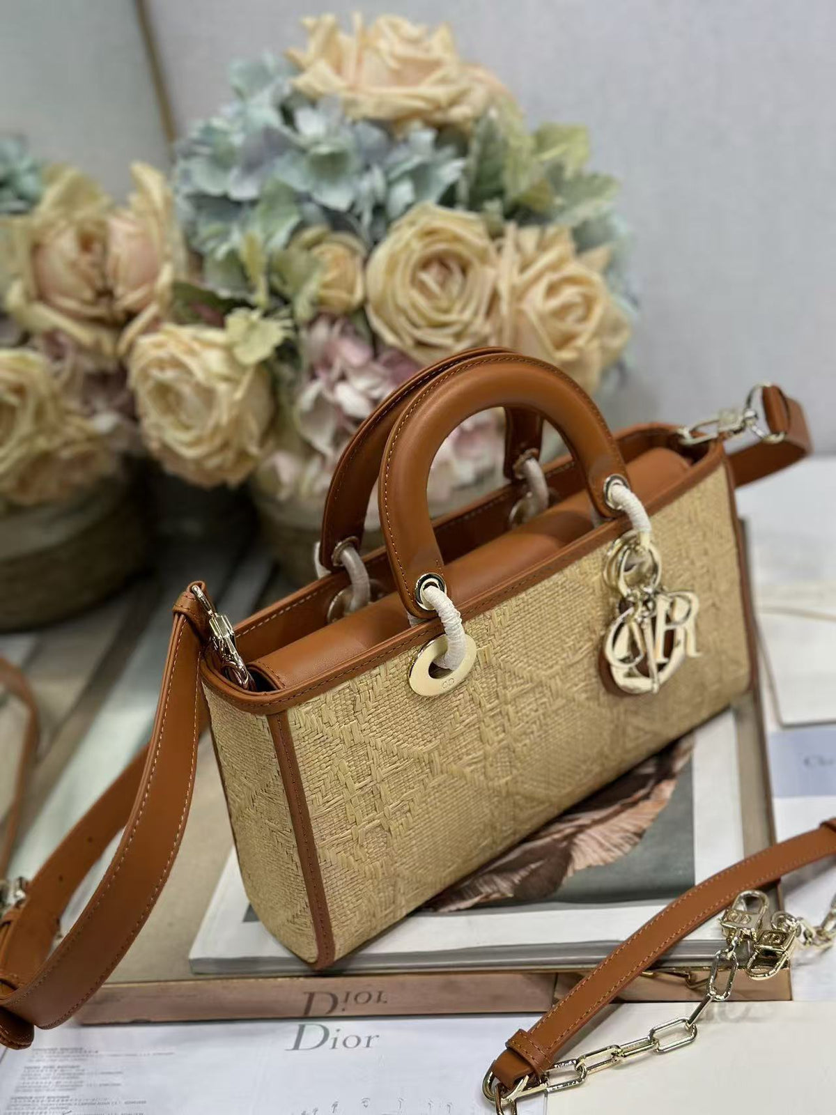 CD Cannage Lady D-Joy Bag Beige mix Brown Raffia and Leather