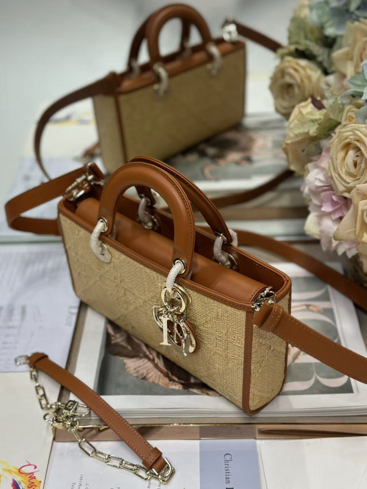 CD Cannage Lady D-Joy Bag Beige mix Brown Raffia and Leather