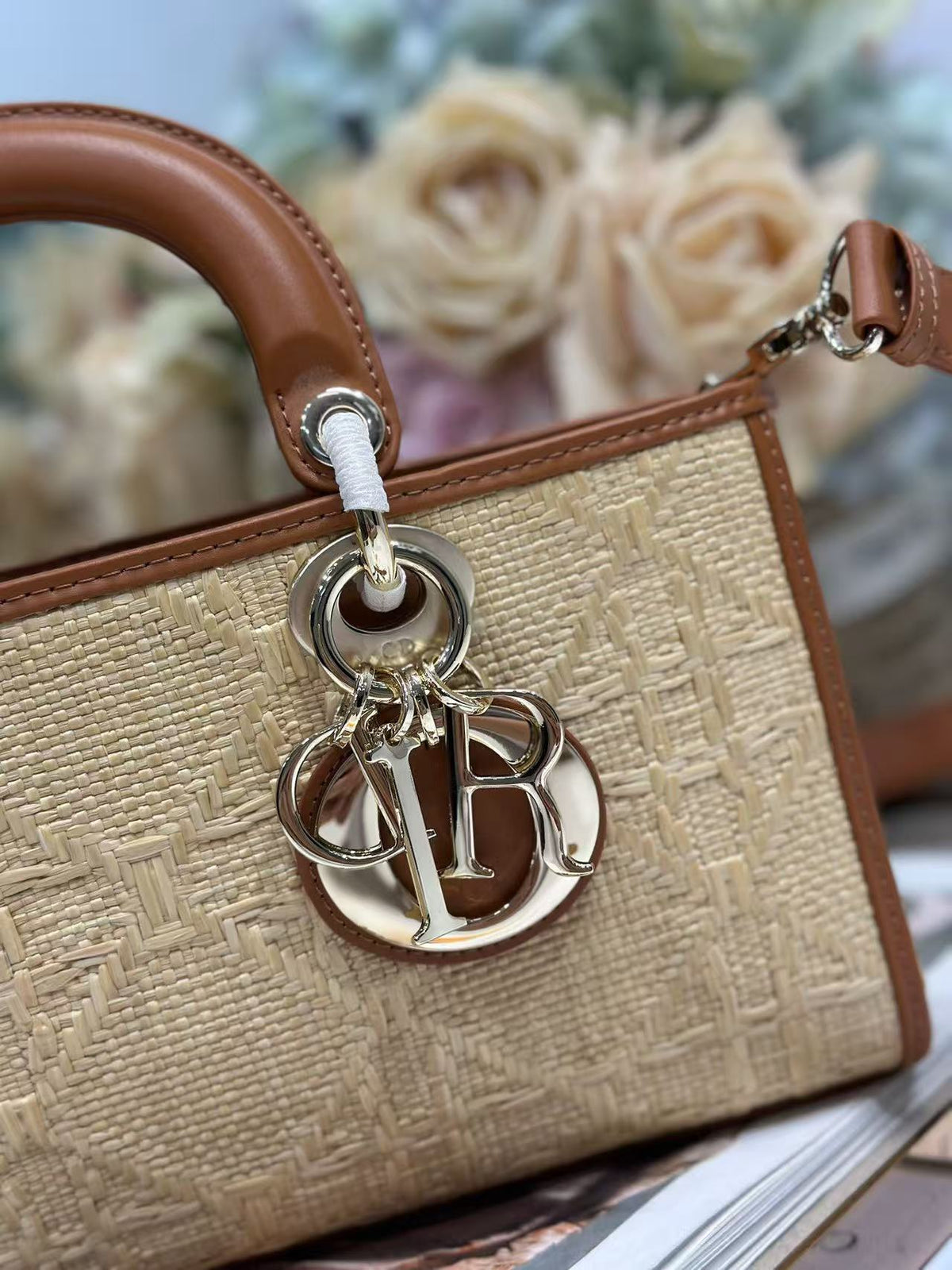 CD Cannage Lady D-Joy Bag Beige mix Brown Raffia and Leather