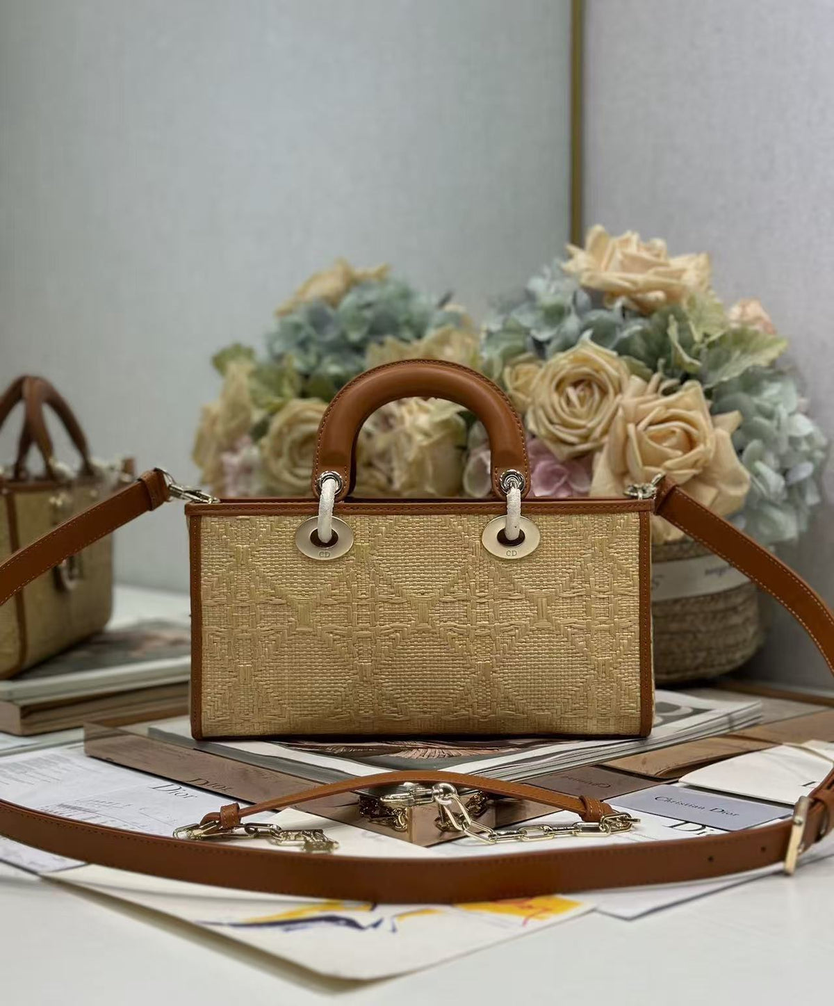 CD Cannage Lady D-Joy Bag Beige mix Brown Raffia and Leather