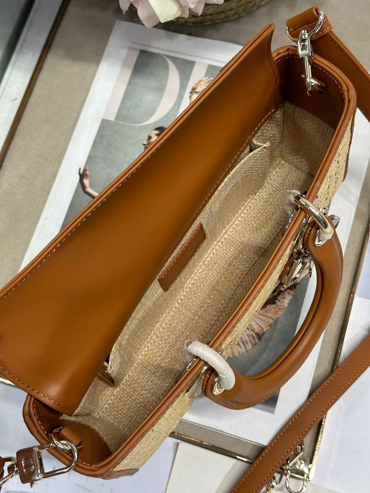 CD Cannage Lady D-Joy Bag Beige mix Brown Raffia and Leather