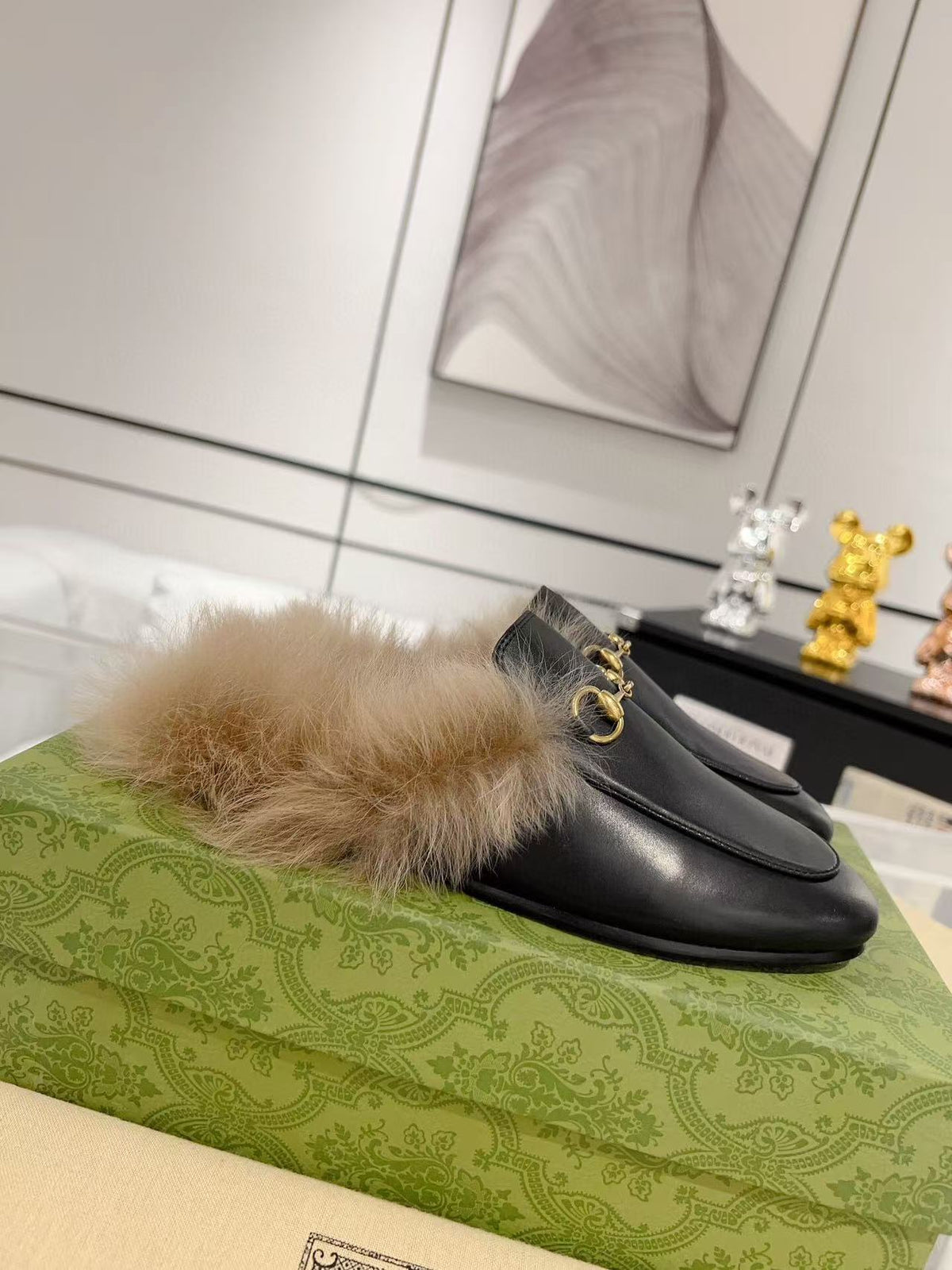 GG Princetown Slipper Black Calfskin Tuscan Wool