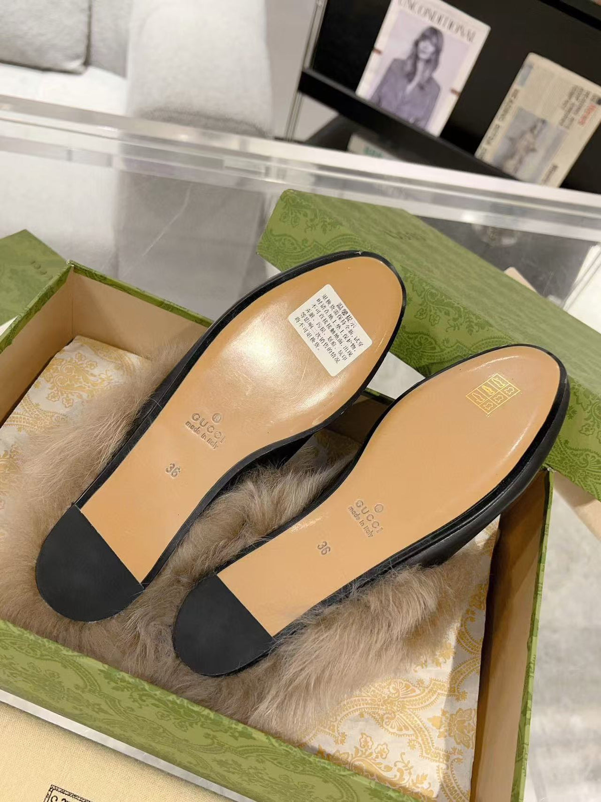 GG Princetown Slipper Black Calfskin Tuscan Wool