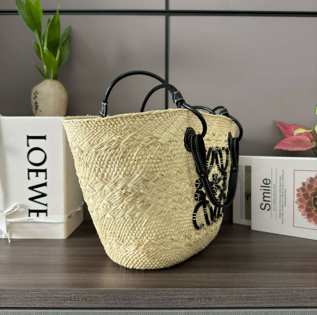 Loew Anagram Basket 46cm Beige Raffia Black Calfskin
