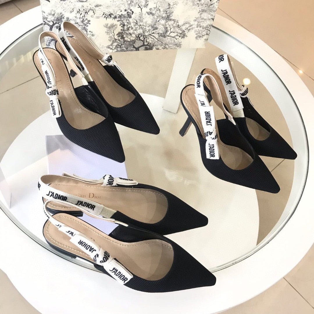 CD Slingback Pump Black Technical Fabric Beige Calfskin