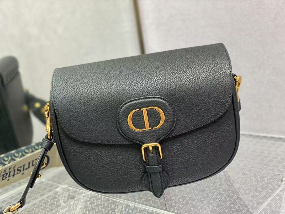 CD Bobby Bag Black Pebbled Leather Gold Hardware