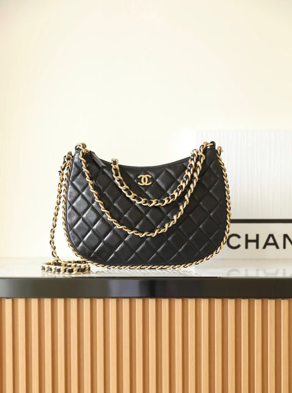 CC Large Hobo Bag Black Shiny Crumpled Lambskin