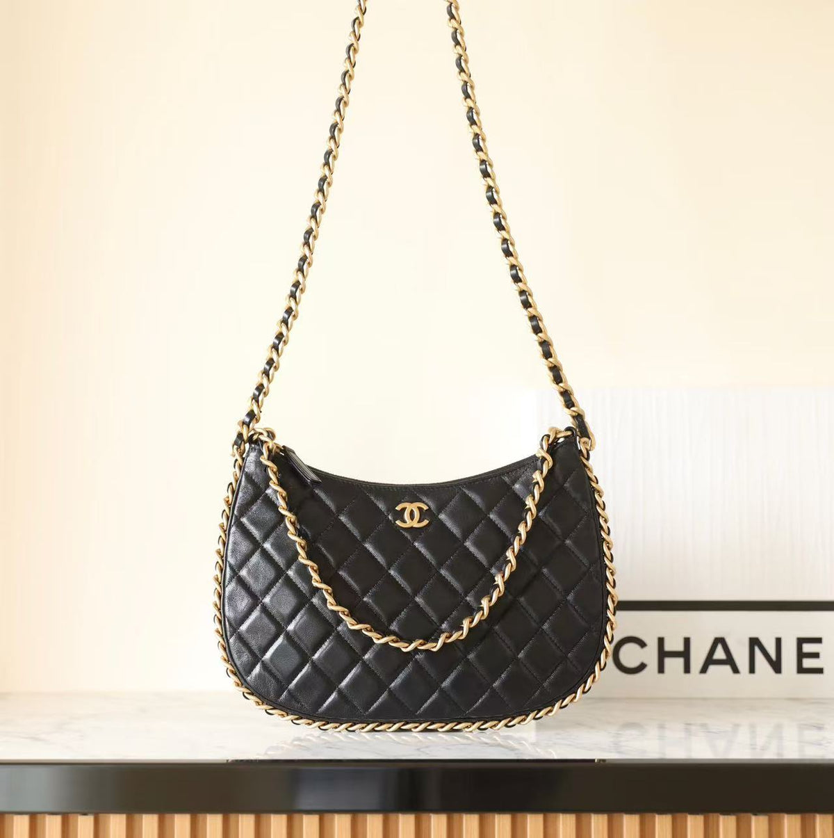 CC Large Hobo Bag Black Shiny Crumpled Lambskin