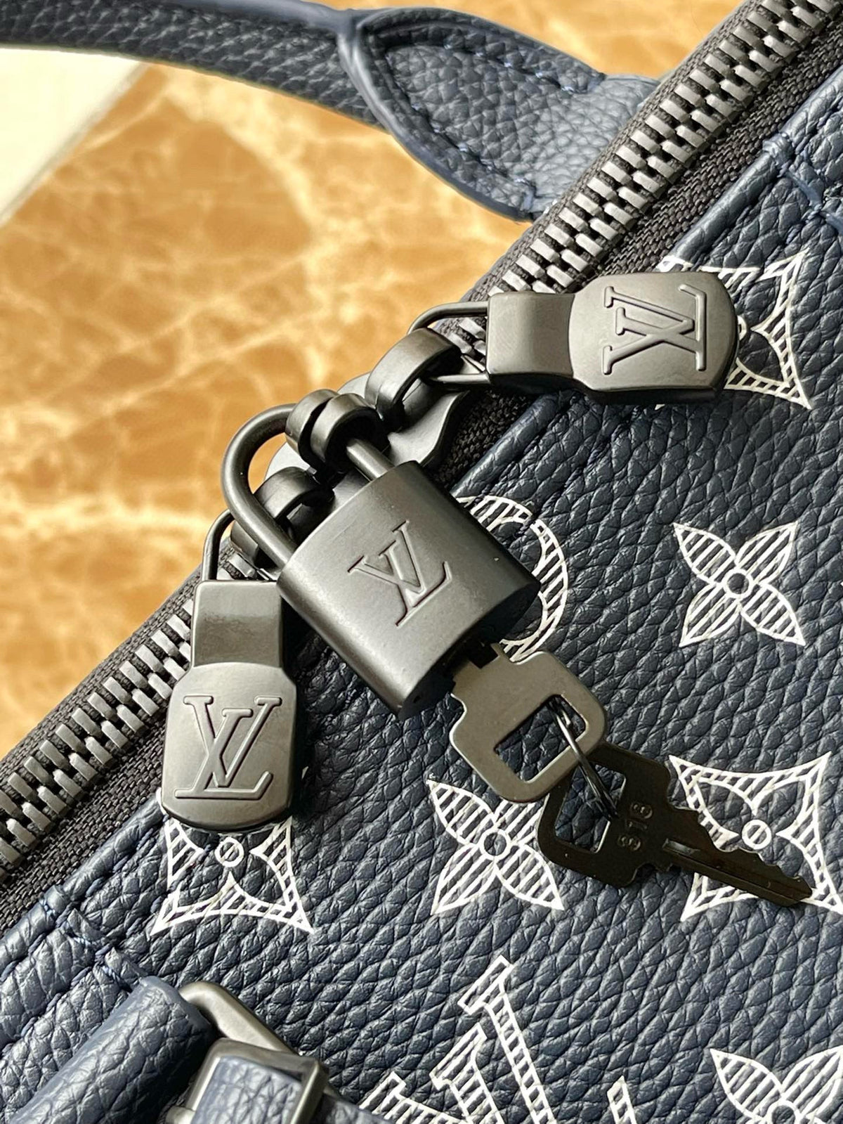 LV Keepall Bandouliere 50 Navy Blue Monogram Shadow Cowhide