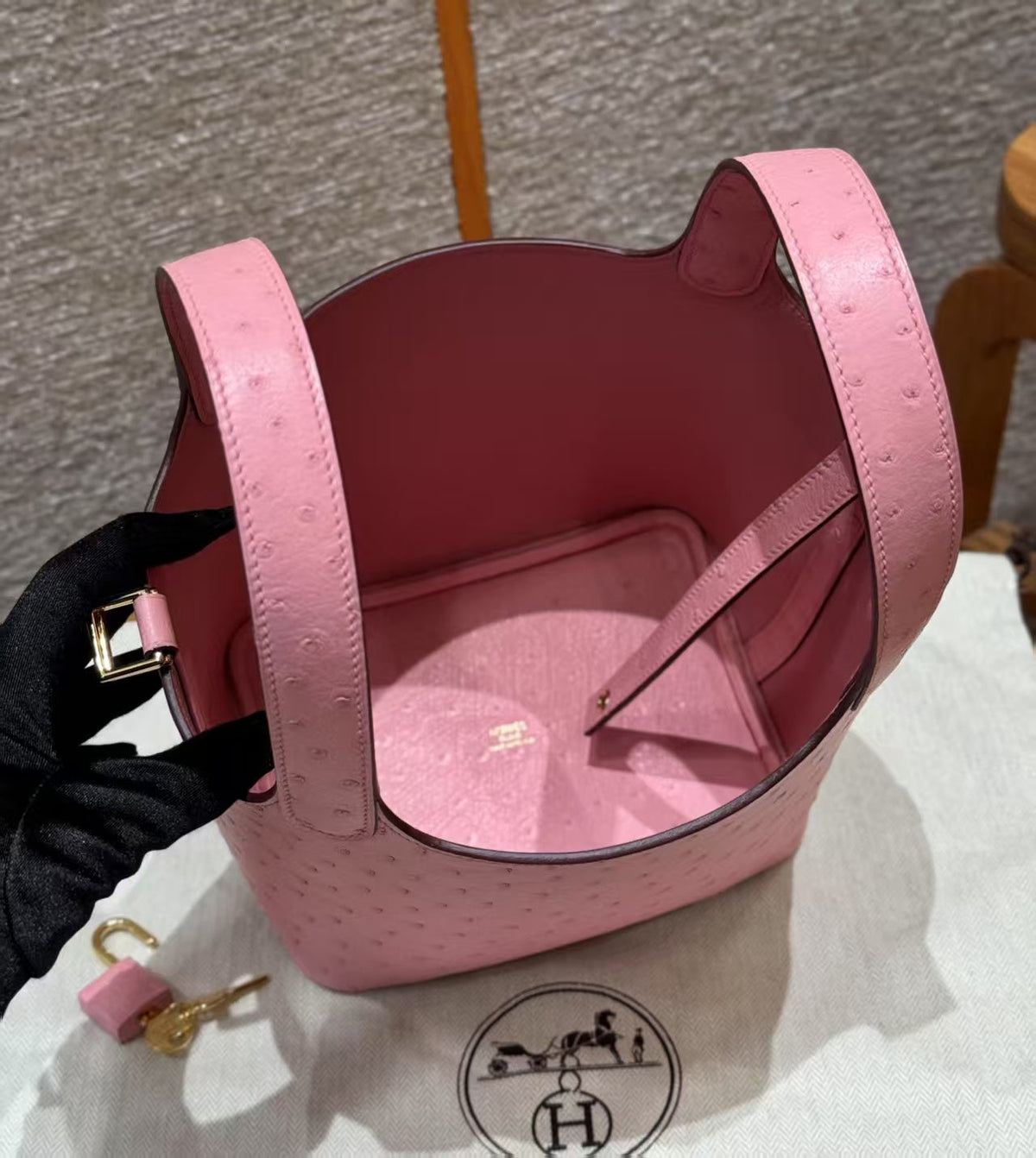 Picotin Lock Pink Ostrich Gold Hardware