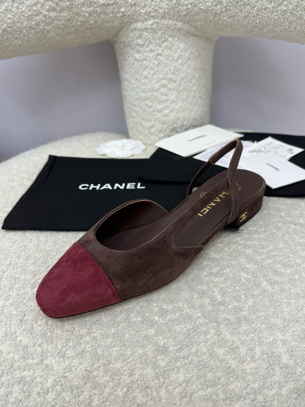 CC 25A Slingback Flat Chocolate Dark Red Suede