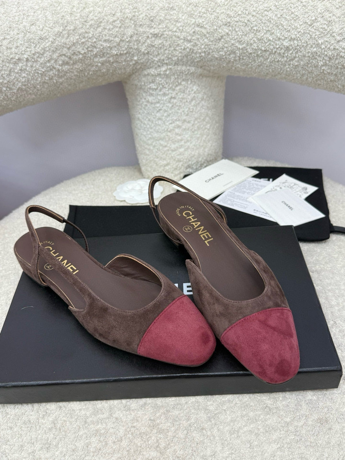 CC 25A Slingback Flat Chocolate Dark Red Suede