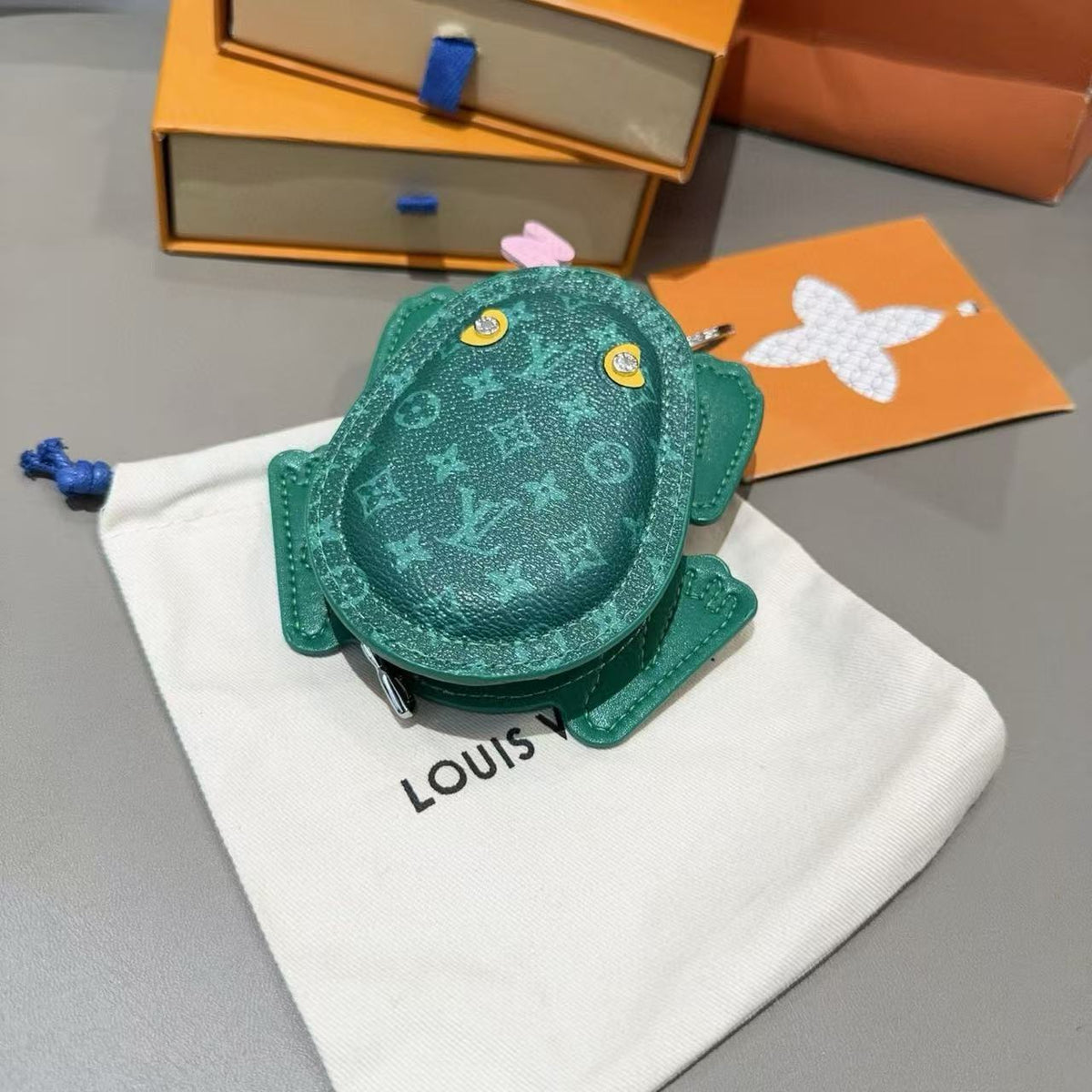 LV Frog Bag Charm Borneo Green Canvas and leather