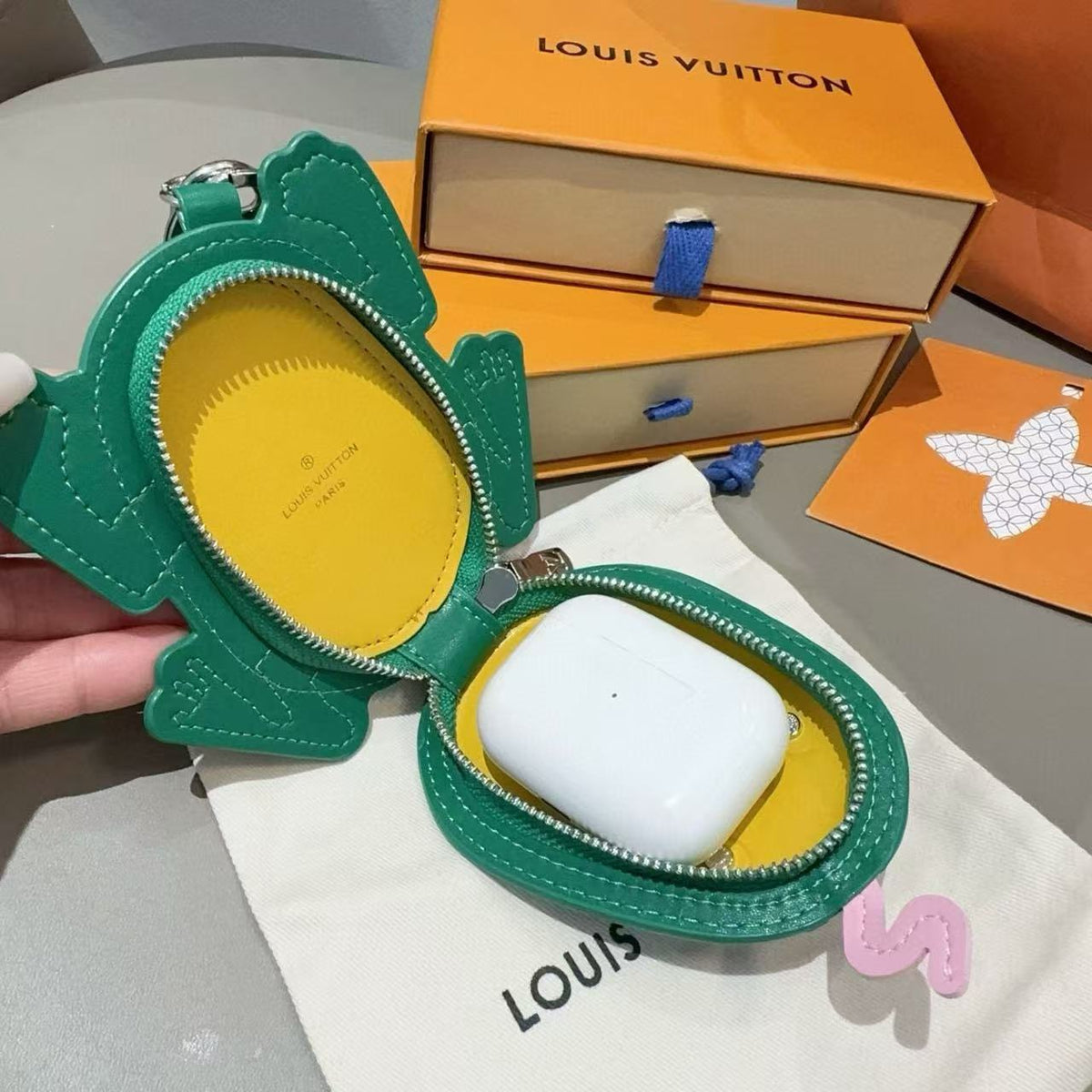 LV Frog Bag Charm Borneo Green Canvas and leather
