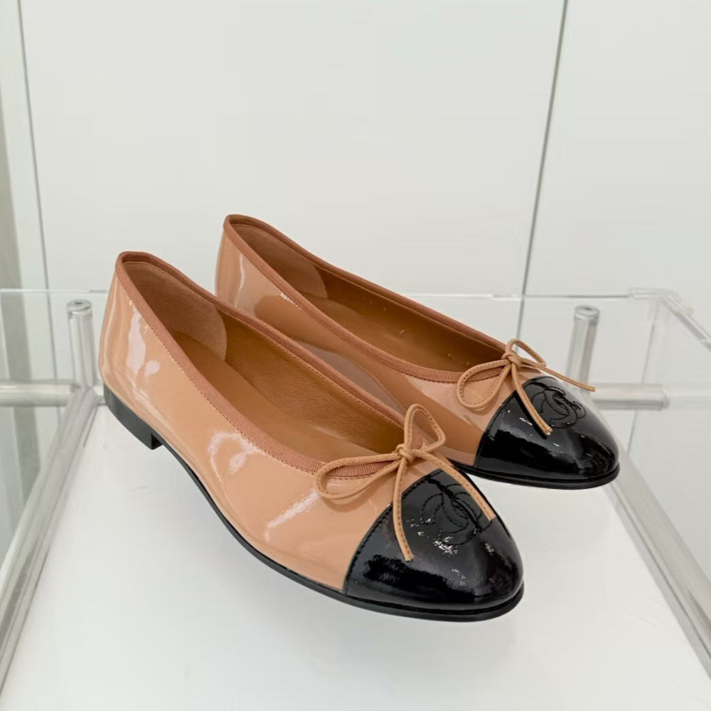 Chanel Ballet Flat Black Brown Patent Leather