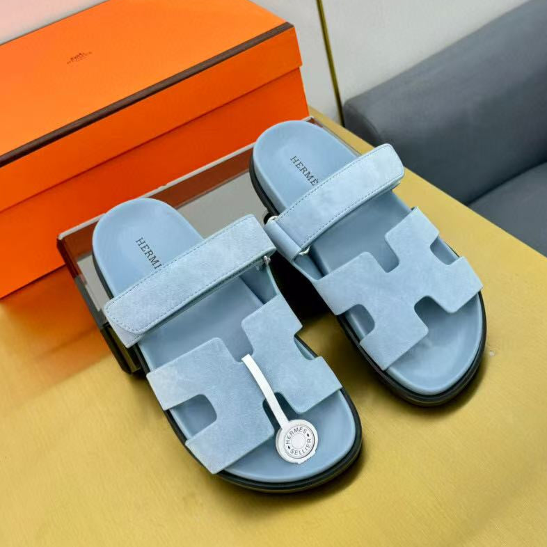 Hermes Chypre Sandal Blue Suede Leather