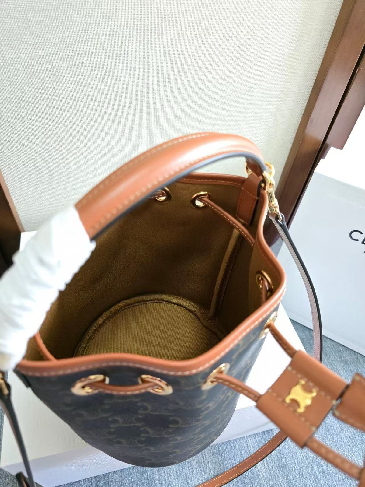 Celine Clara Bag 19 Black Brown Canvas Calfskin