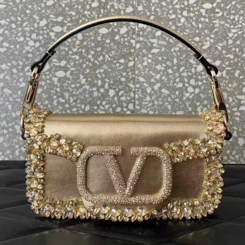 Valentino Loco Embroidered Handbag Gold Leather
