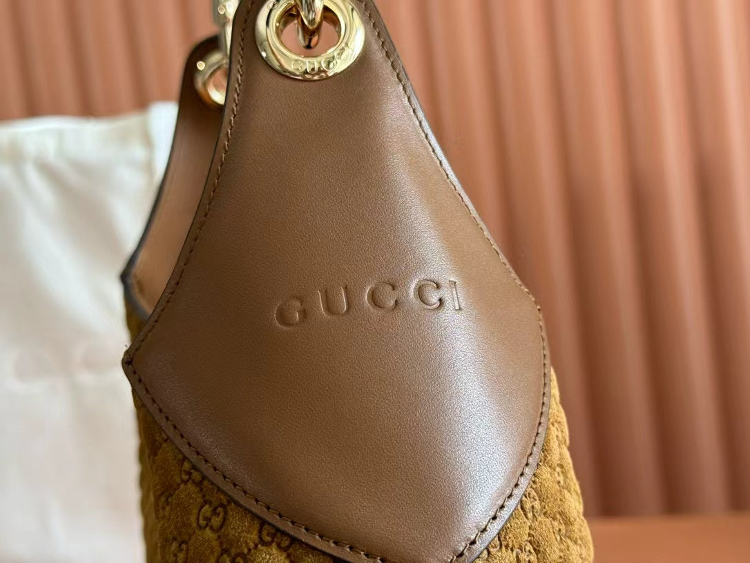 Gucci B Medium Shoulder Bag Brown Suede Leather