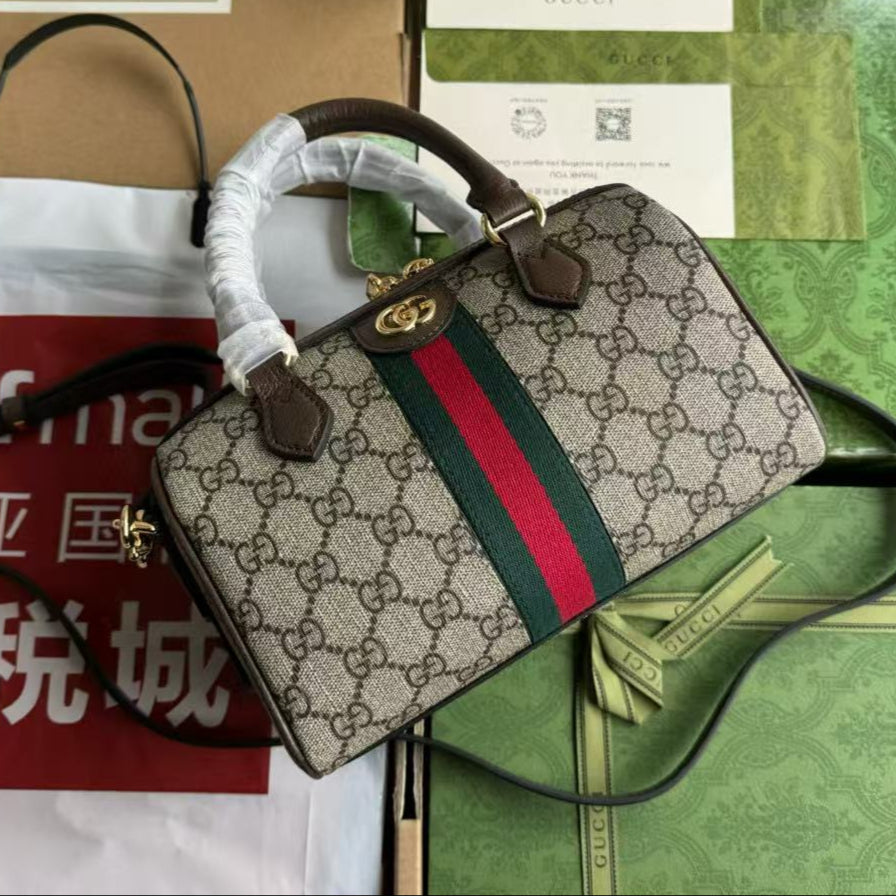 Gucci Ophidia 21.5 Bag Brown Ebony Leather Canvas