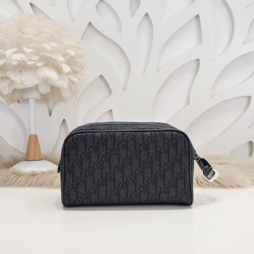 Toiletry Bag Black Dior Oblique Jacquard and Black Grained Calfskin