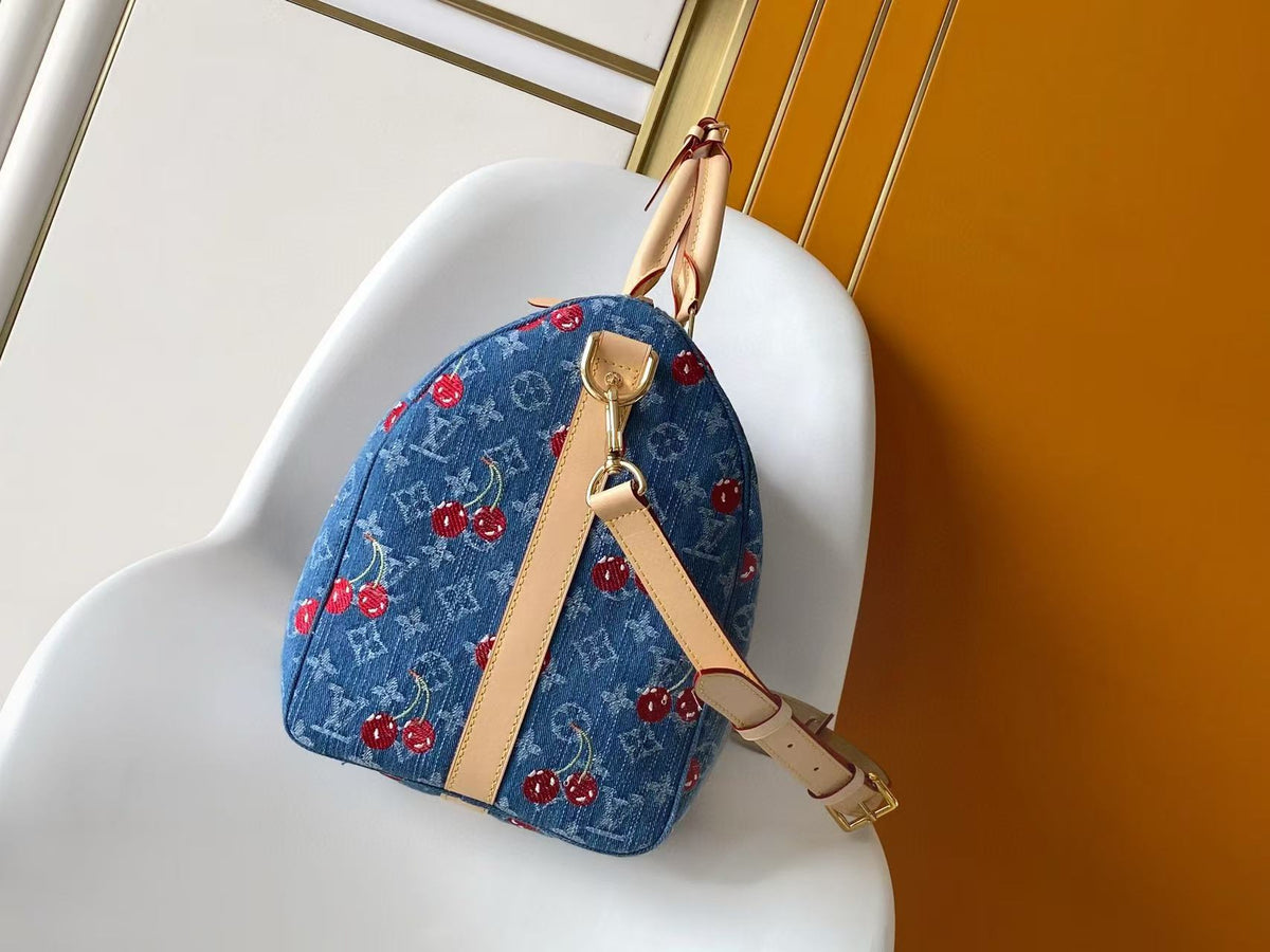 LV x TM Keepall Bandoulière 45cm Bag Blue Red Beige Denim Fabric Cowhide