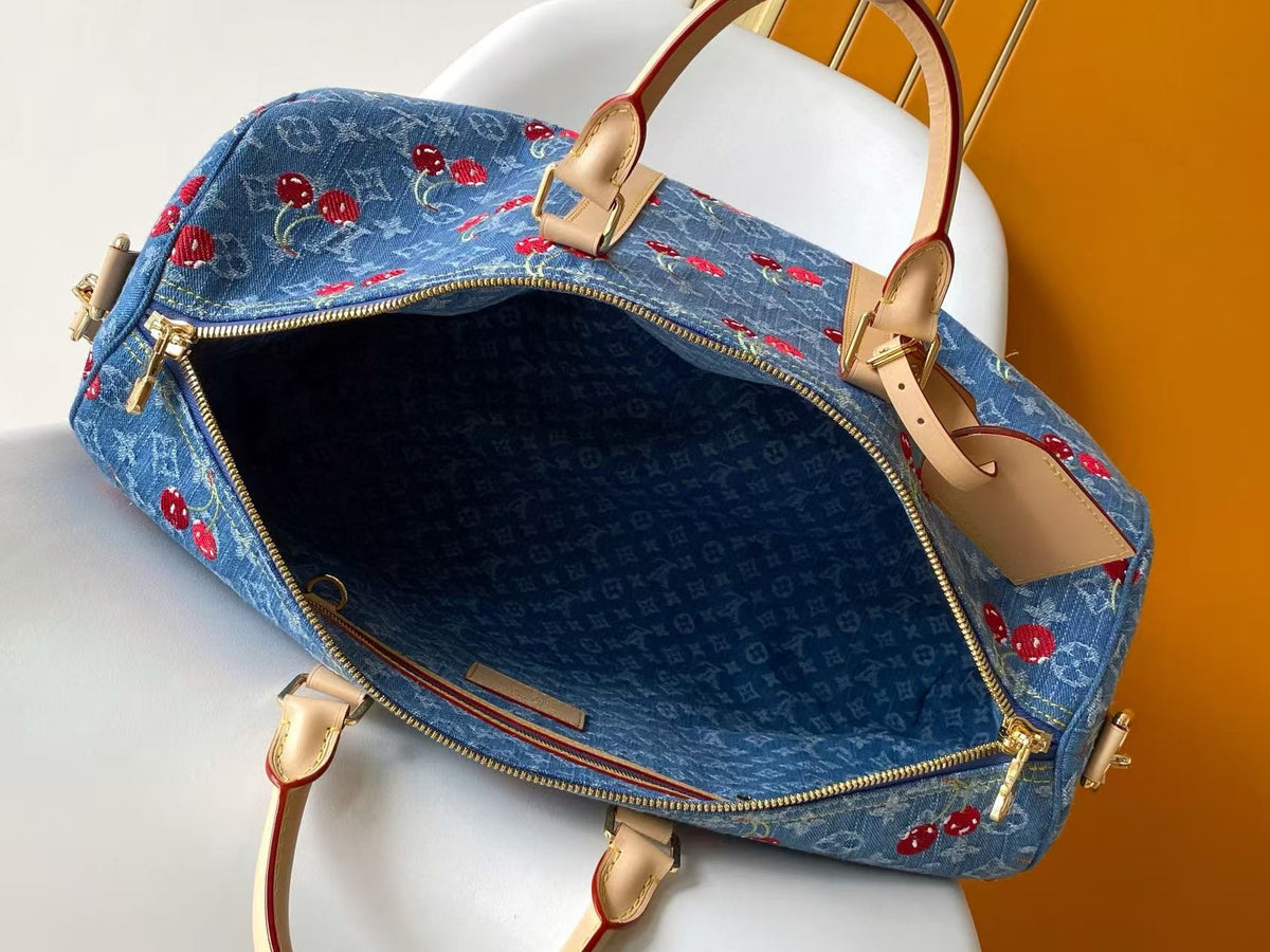 LV x TM Keepall Bandoulière 45cm Bag Blue Red Beige Denim Fabric Cowhide
