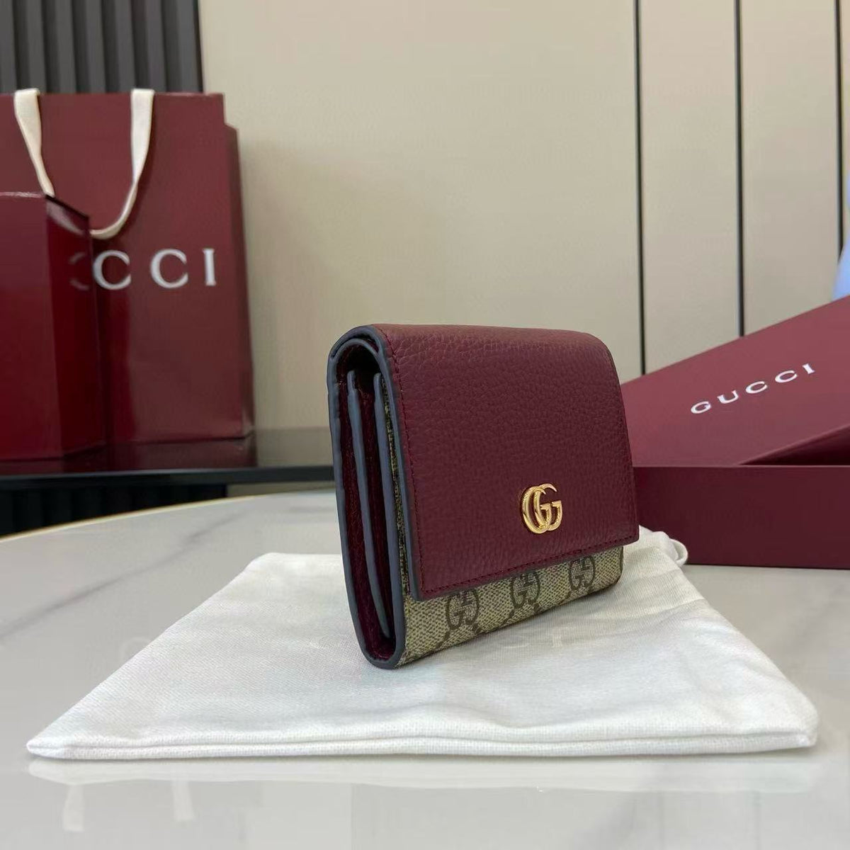 Gucci Marmont 12cm Wallet Ebony mix Rosso Ancora Red Canvas Leather