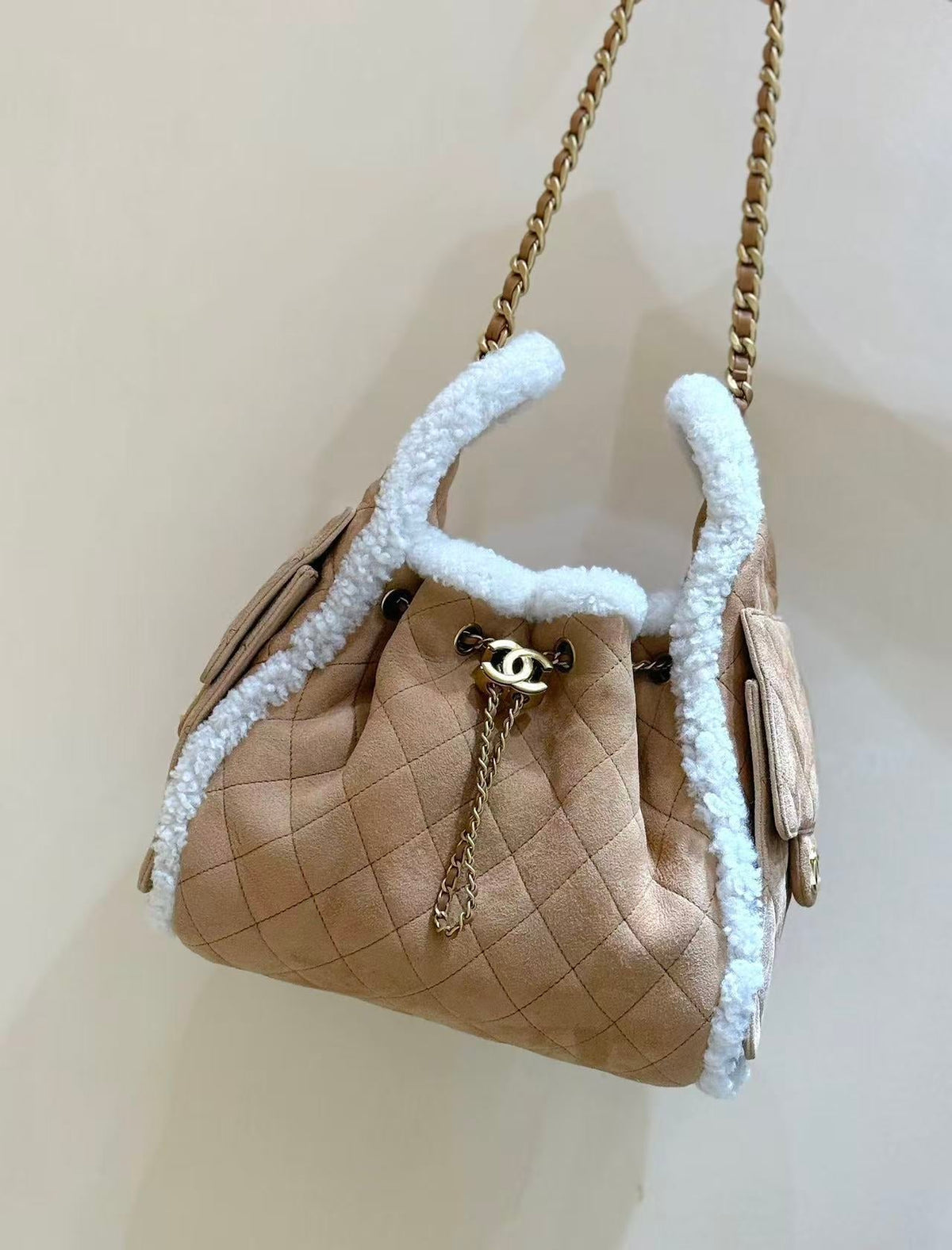CC 25C Hobo Bag 30cm Brown White Suede Wool Gold Hardware