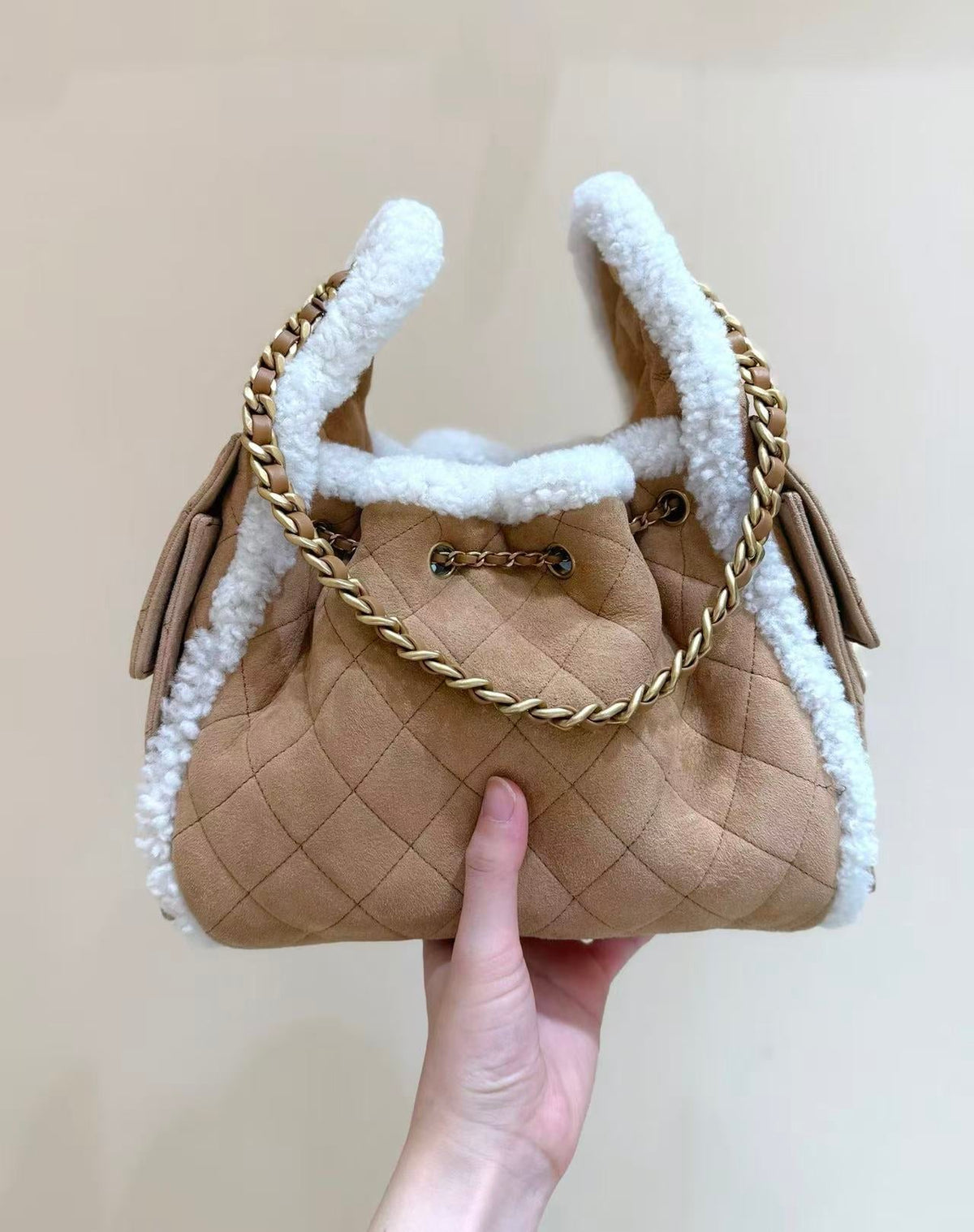 CC 25C Hobo Bag 30cm Brown White Suede Wool Gold Hardware
