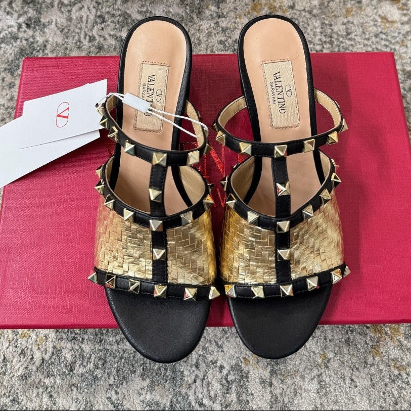 VT 2025 60mm Rockstud Intreccio Metallic Nappa Leather Slide Sandals