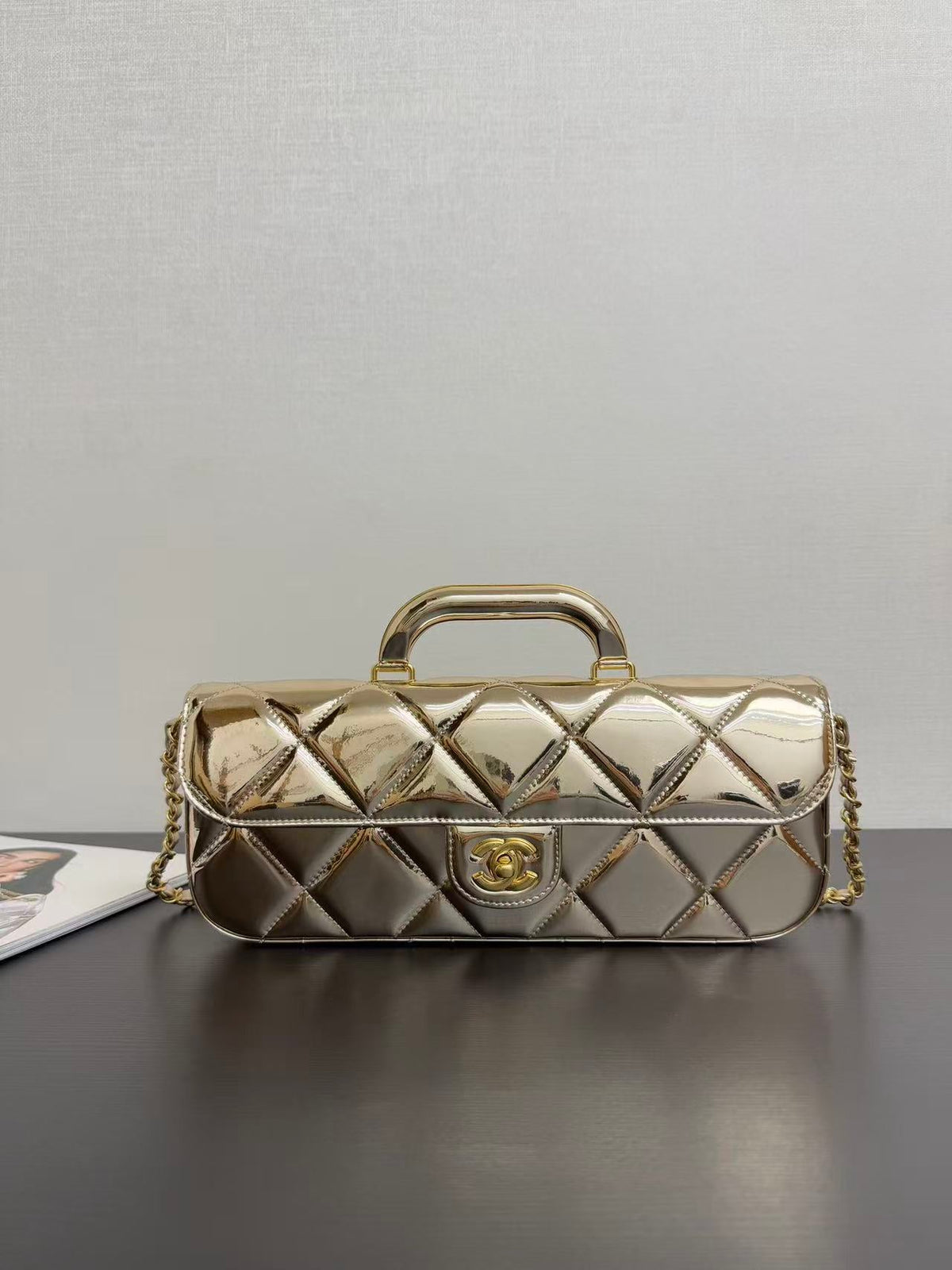 Chanel Flap Bag With Top Handle Metallic Mirror Calfskin And Gold-Tone Metal