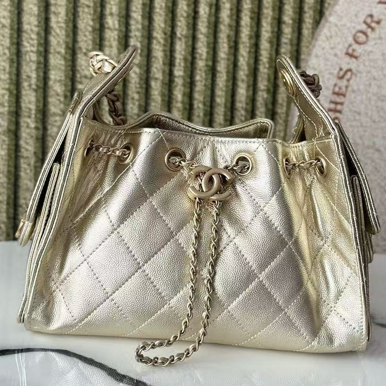 CC 2025 Hobo Bag Gold 22cm Metallic Grained Calfskin