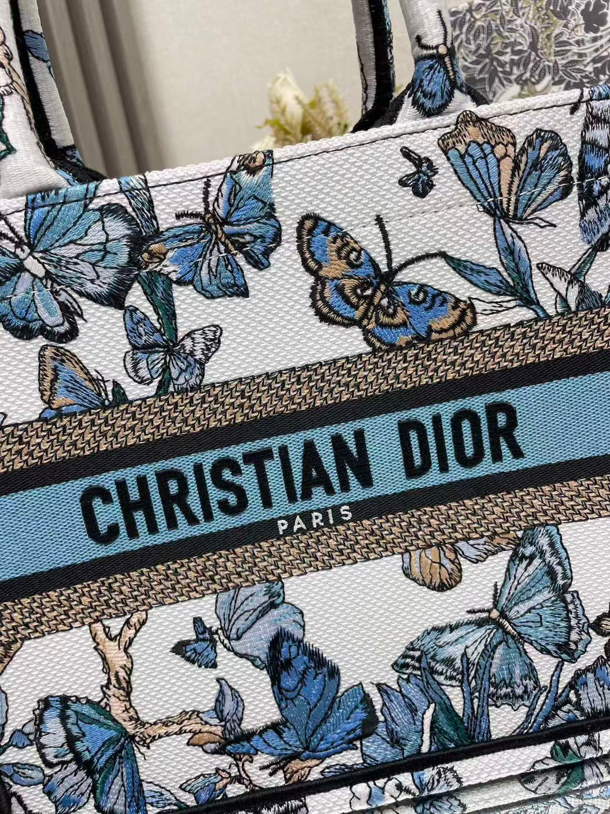 CD 2025 Butterfly Book Tote Blue White Canvas