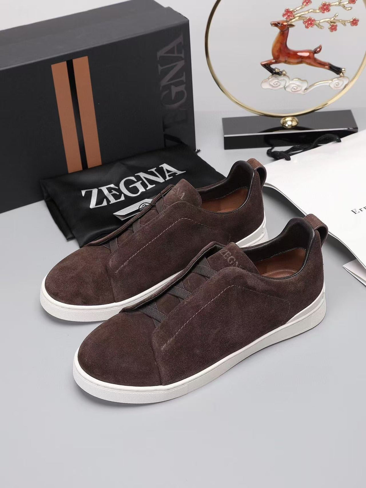 Zegna Triple Stitch Slip-on Sneaker Dark Brown Suede